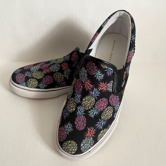 NWOT Sophia Webster Adele Pineapple Print Slip-On Sneaker 7 Black/Multi Canvas - Picture 9 of 14